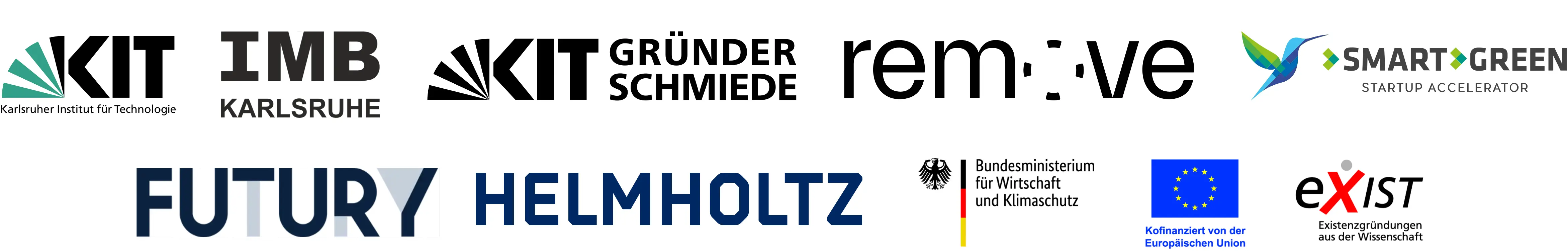 Logos von Rement-Unterstützern KIT, IMB, KIT Gründerschmiede, Remove, Smart Green, Futury, Helmholtz, BMWK, EU und EXIST